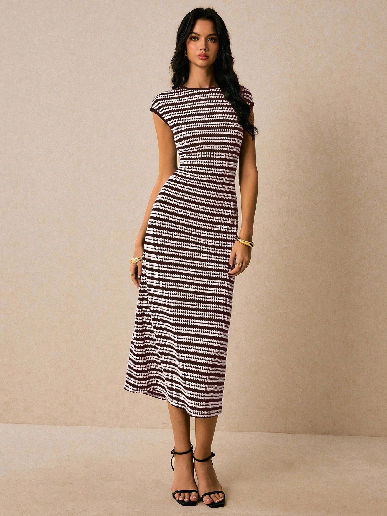 Color-Block Striped Round-Neck Short-Sleeve Long Dress