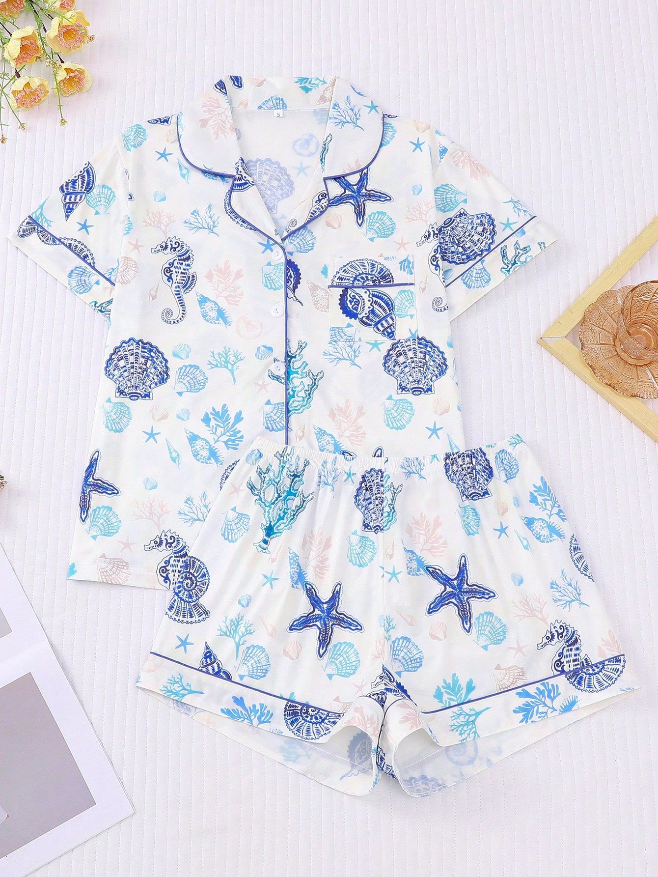 Women's Summer Hawaiian Print Short Sleeve Shirt Set
