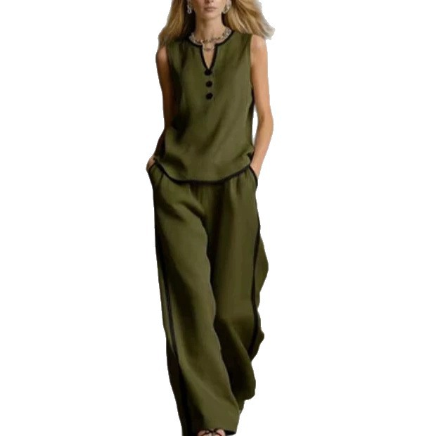 Sleeveless V-Neck Colorblock Wide-Leg Pant Set
