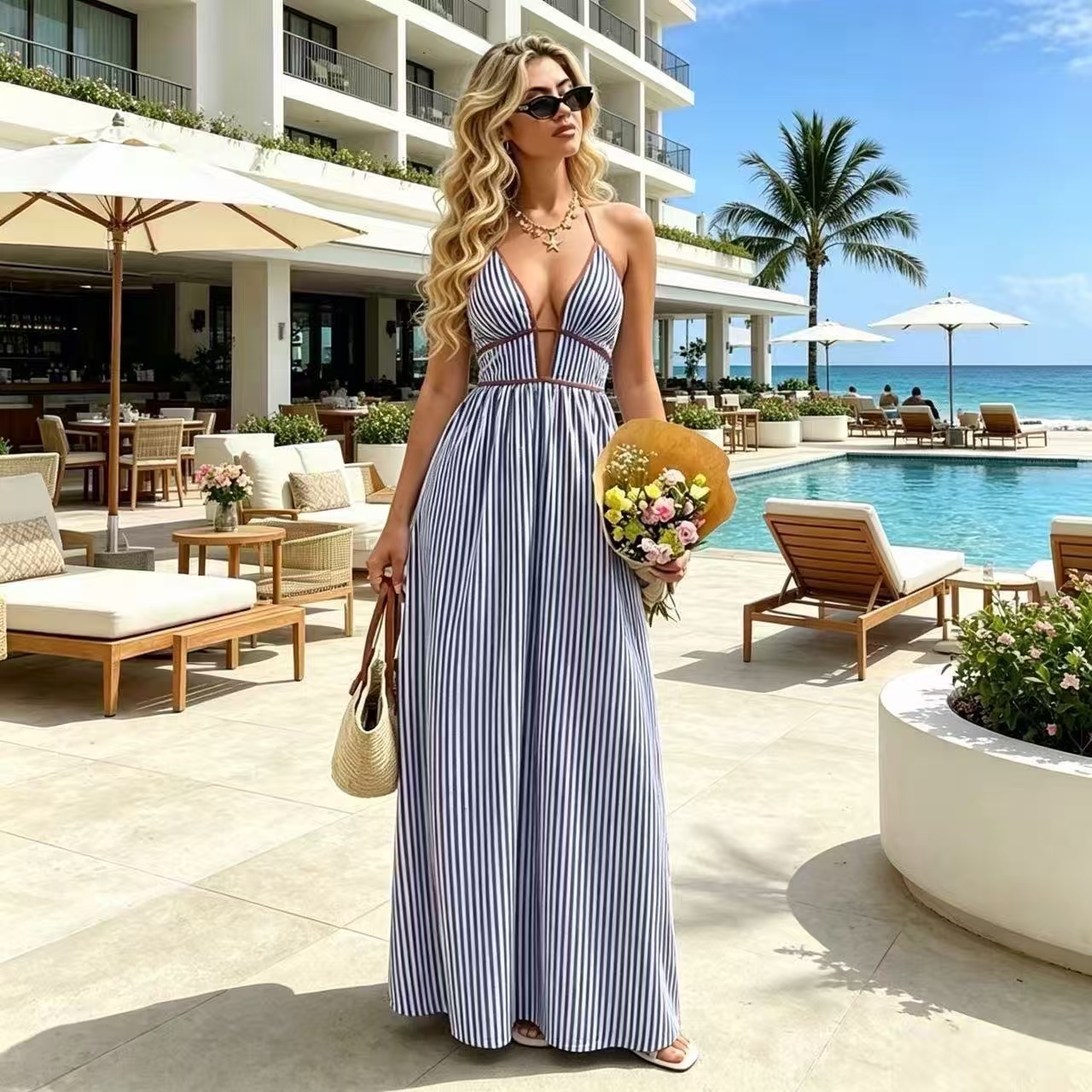 Women's Deep V-Neck Striped Sleeveless Maxi Dress