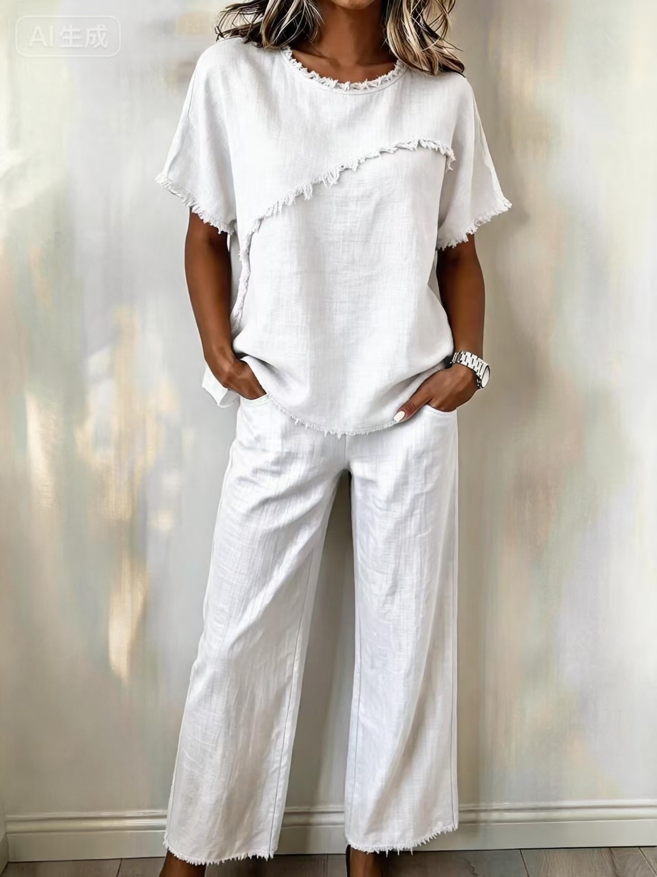 Women's Linen Two-Piece Set with Fringe Short Sleeve Top and Pants