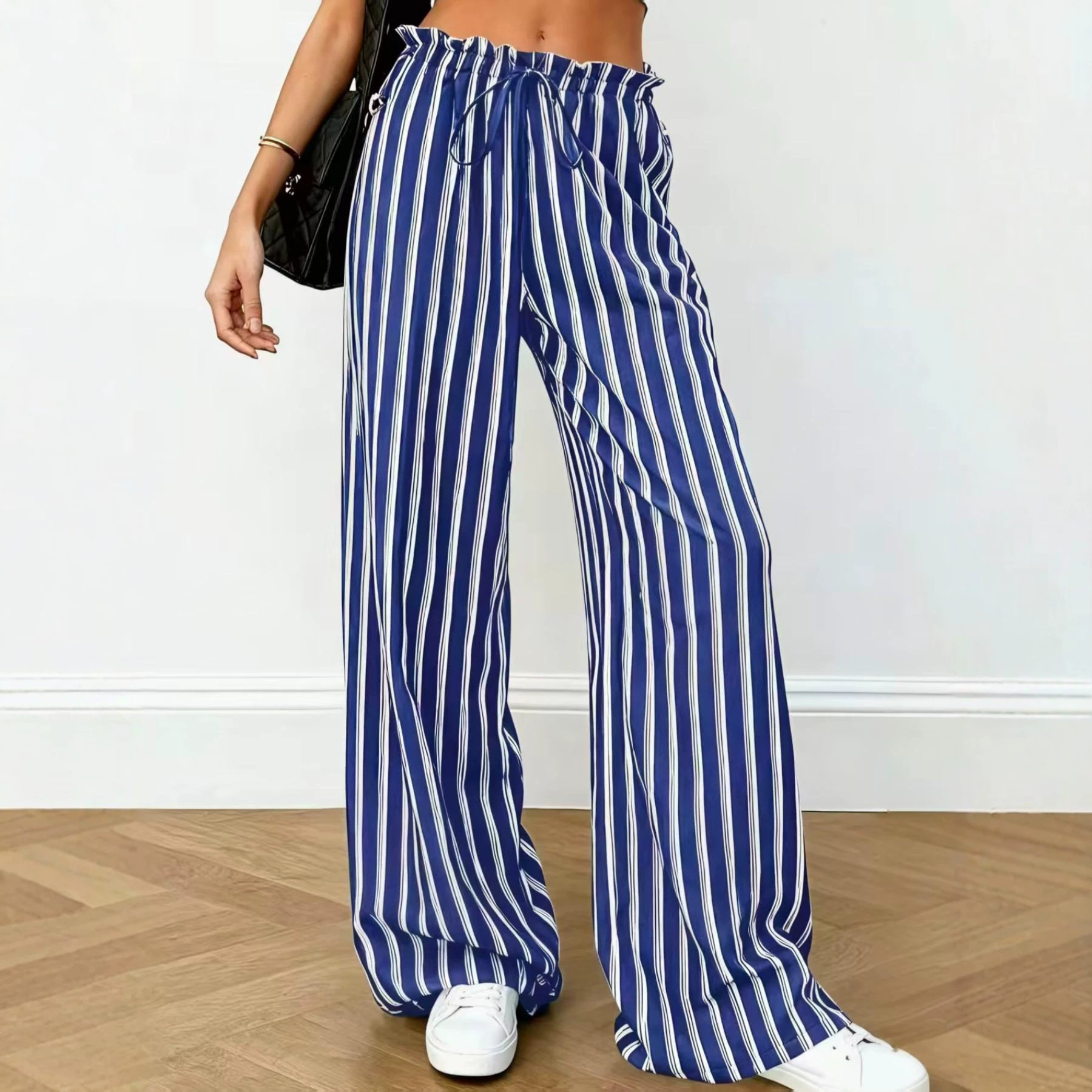 Striped Wide-Leg Pants with Elastic Waist