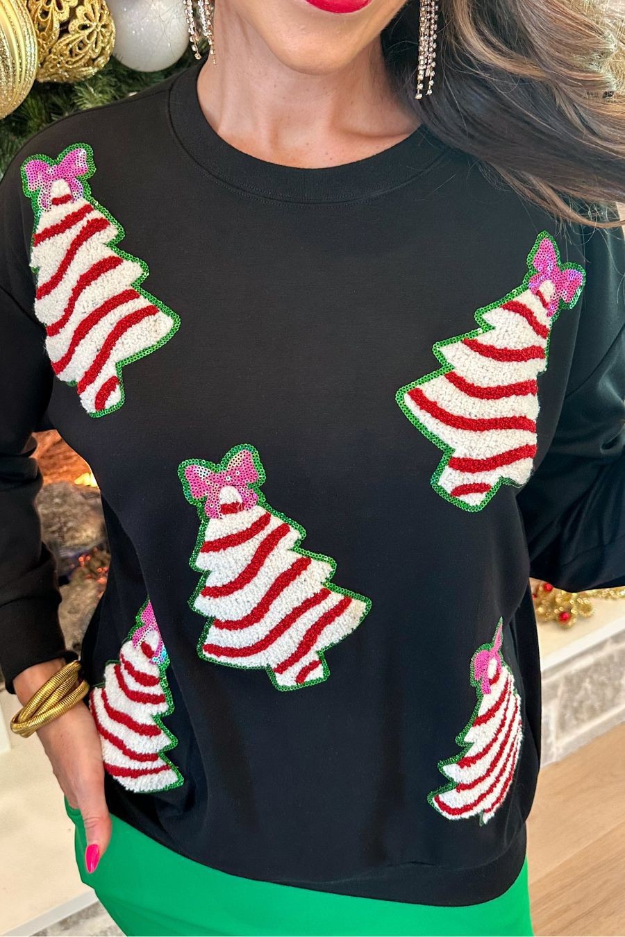 Sequin Christmas Tree Crewneck Loose Sweatshirt