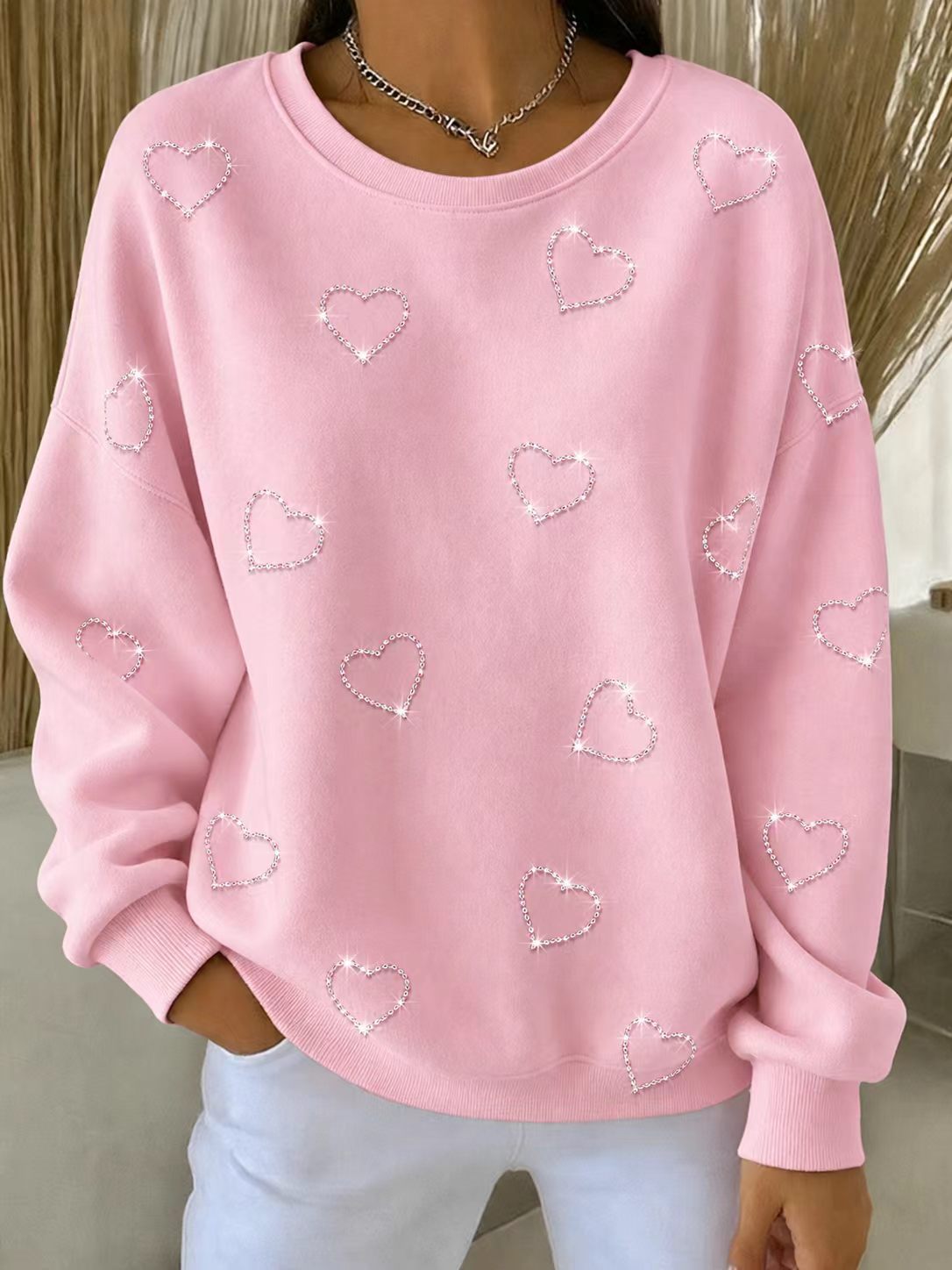 Elegant Heart Print Crewneck Long-Sleeve Pullover Sweatshirt