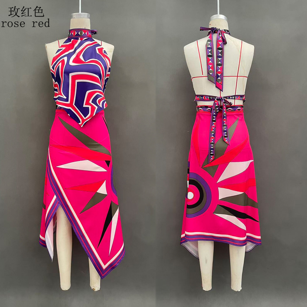 Women's Summer Printed Halter Two-Piece Set with Irregular Midi Skirt