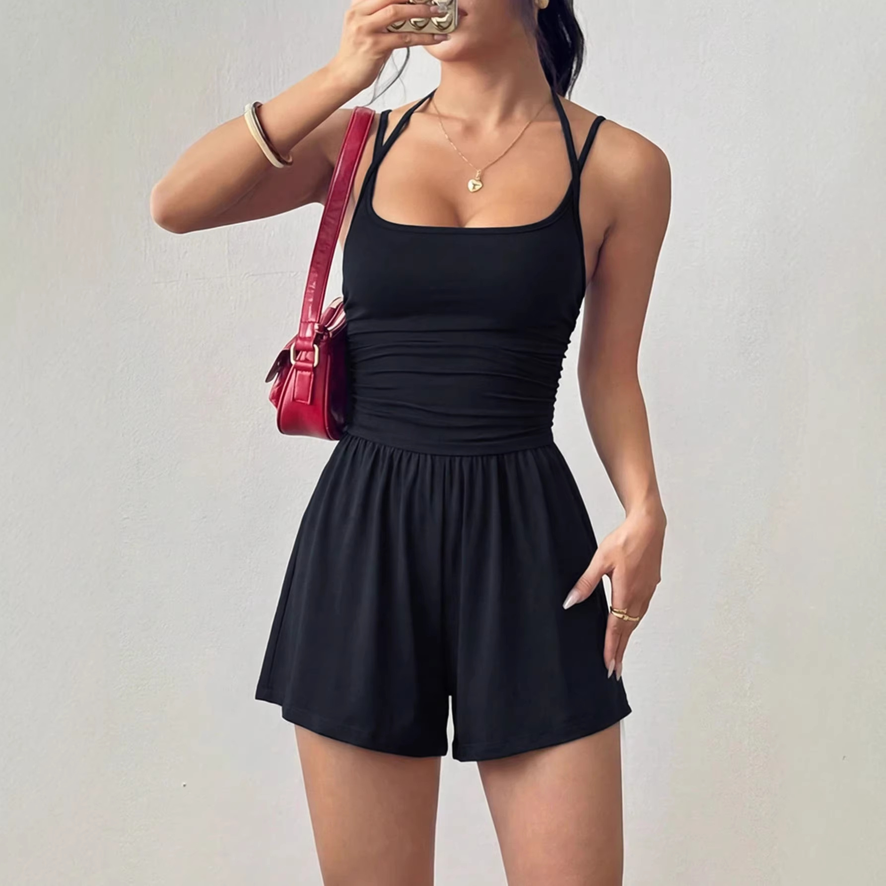 Women's Sleeveless Cami Romper Wide-Leg Shorts Solid Casual