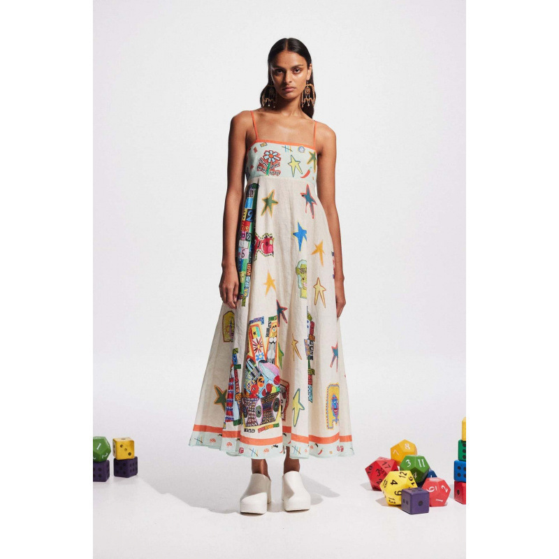Women's Sleeveless Printed Linen Maxi Dress with Flowy Skirt