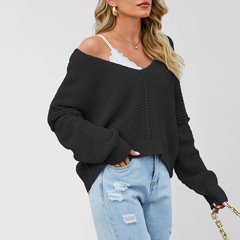 V-Neck Off-Shoulder Loose Knit Sweater