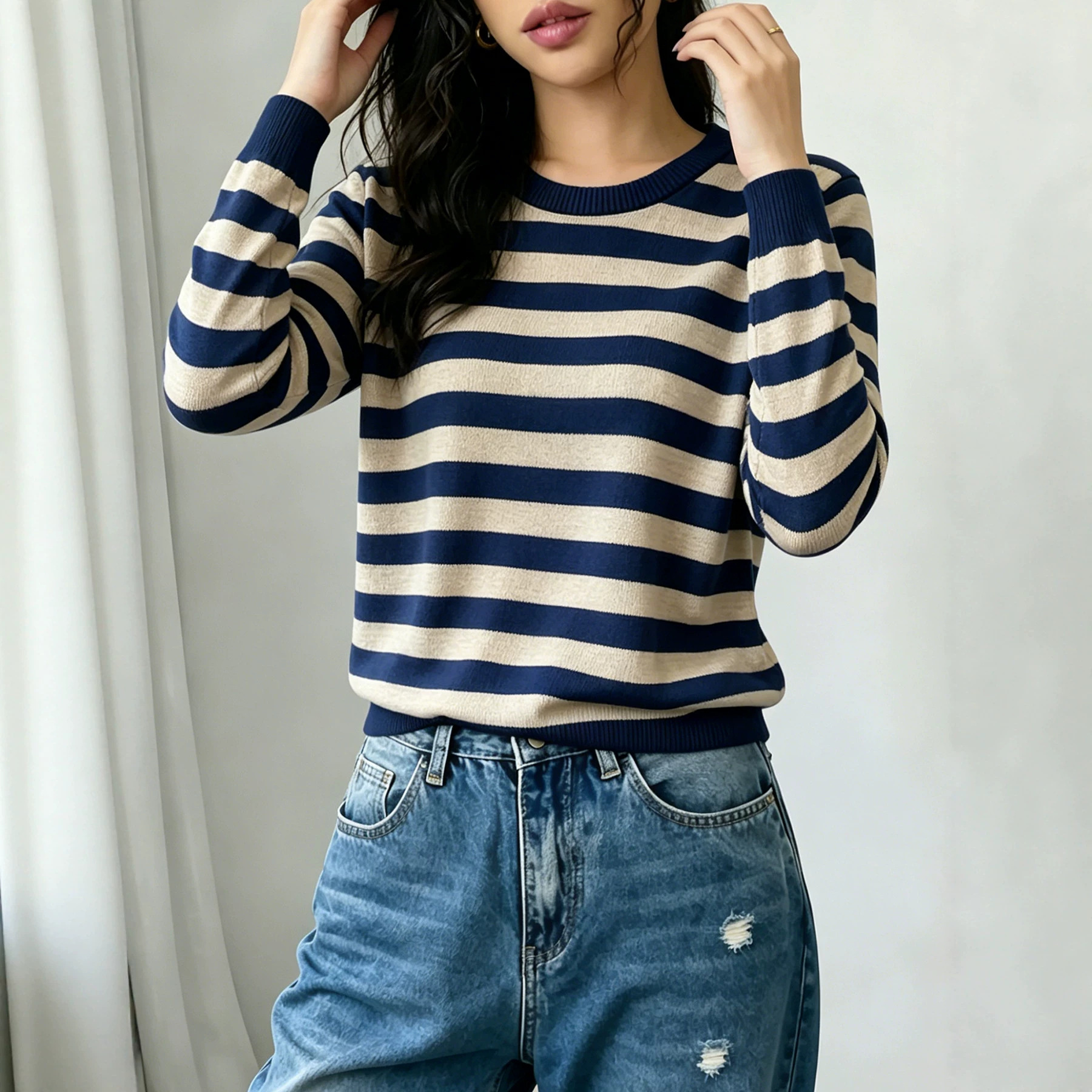 Women's Striped Knit Sweater Crew Neck Long Sleeve Pullover