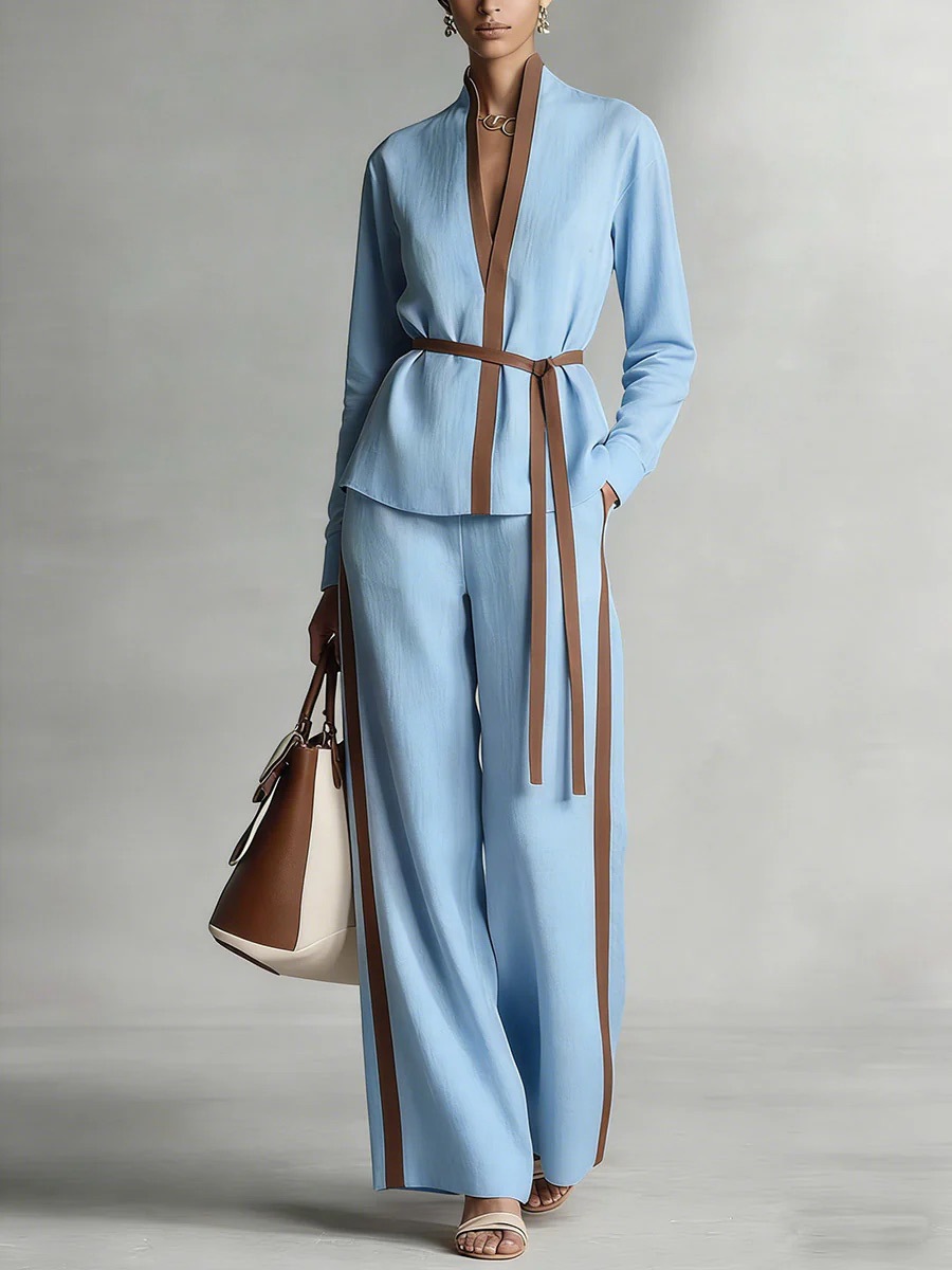 Women's Color-Block Cardigan Shirt and Wide-Leg Pants Two-Piece Set