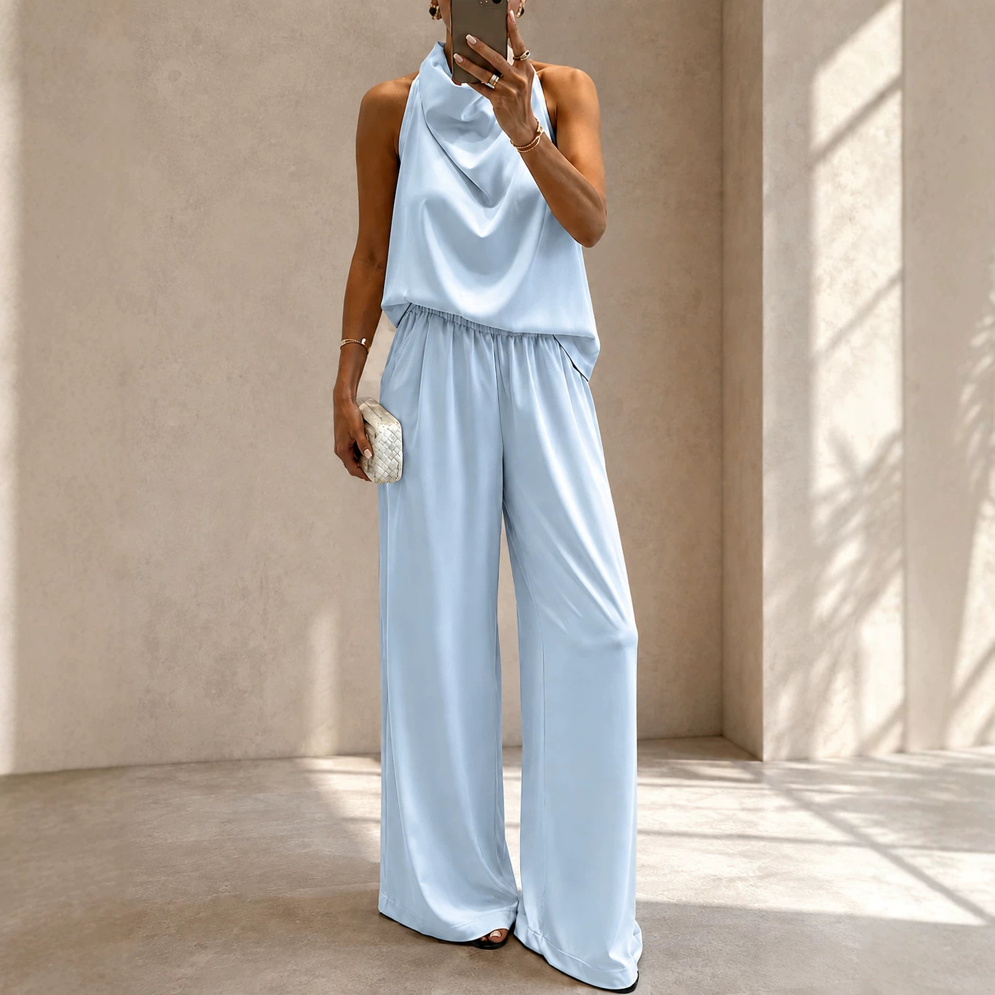 Women's Summer Halter V-Neck Sleeveless Top & High-Waist Wide-Leg Pants Set