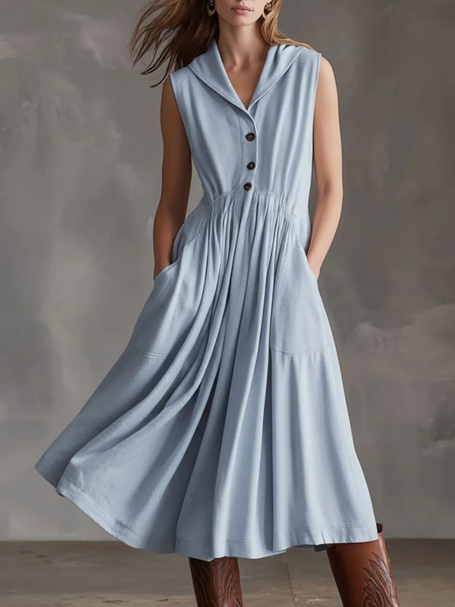 Women's Sleeveless A-Line Midi Dress with Oversized Collar