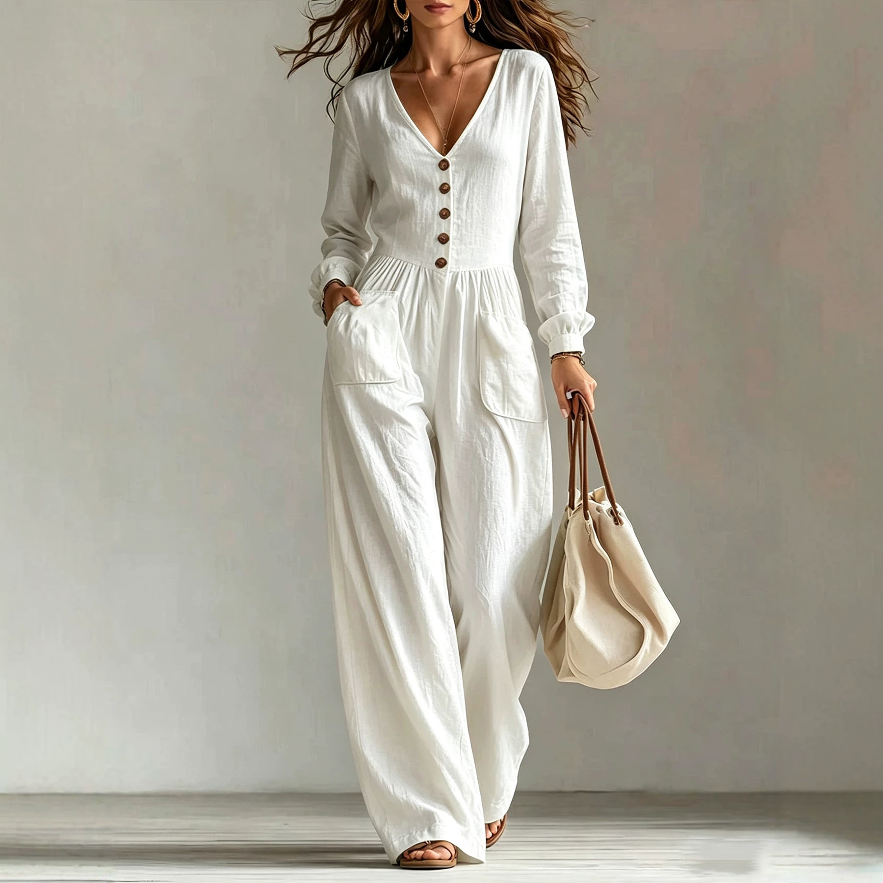 V-Neck Long-Sleeve Button Wide-Leg Jumpsuit Set
