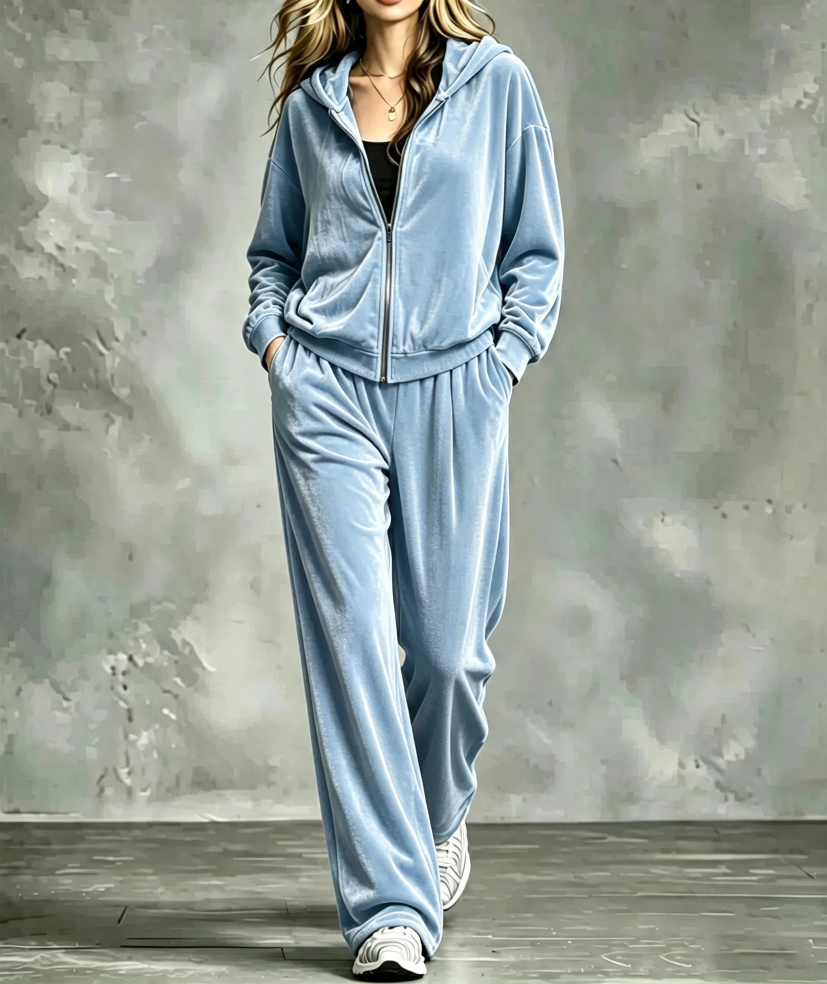 Women's Solid Zip-Up Hooded Two-Piece Sweatsuit Set
