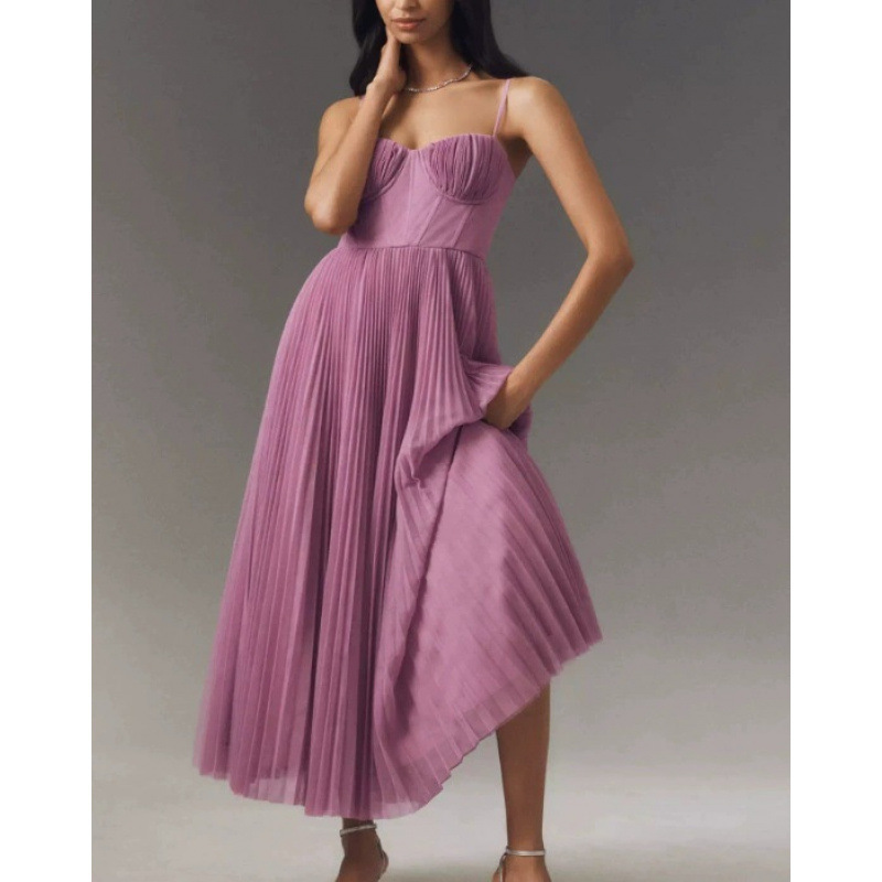 Sleeveless V-Neck Open-Back Ruched A-Line Evening Dress