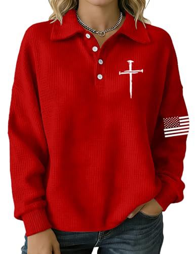 Women's Cross & American Flag Print Button Sweatshirt