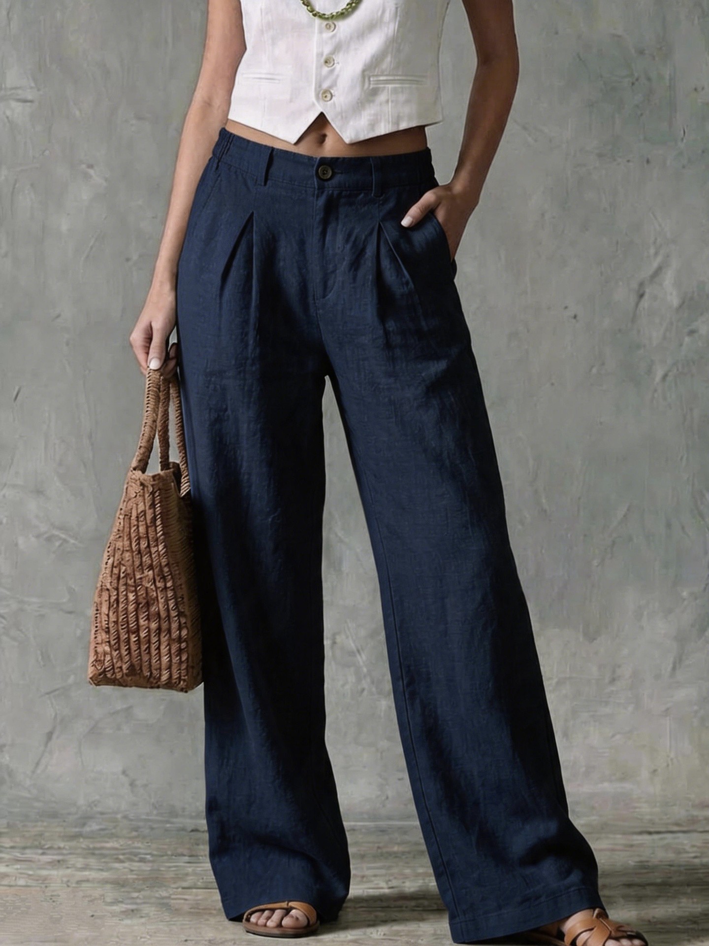 Women's Linen-Blend Wide-Leg Pants High-Waist Solid Casual