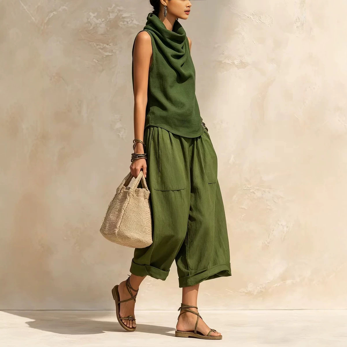 Women's Cowl Neck Sleeveless Top & Wide-Leg Pants Set Linen-Blend Casual