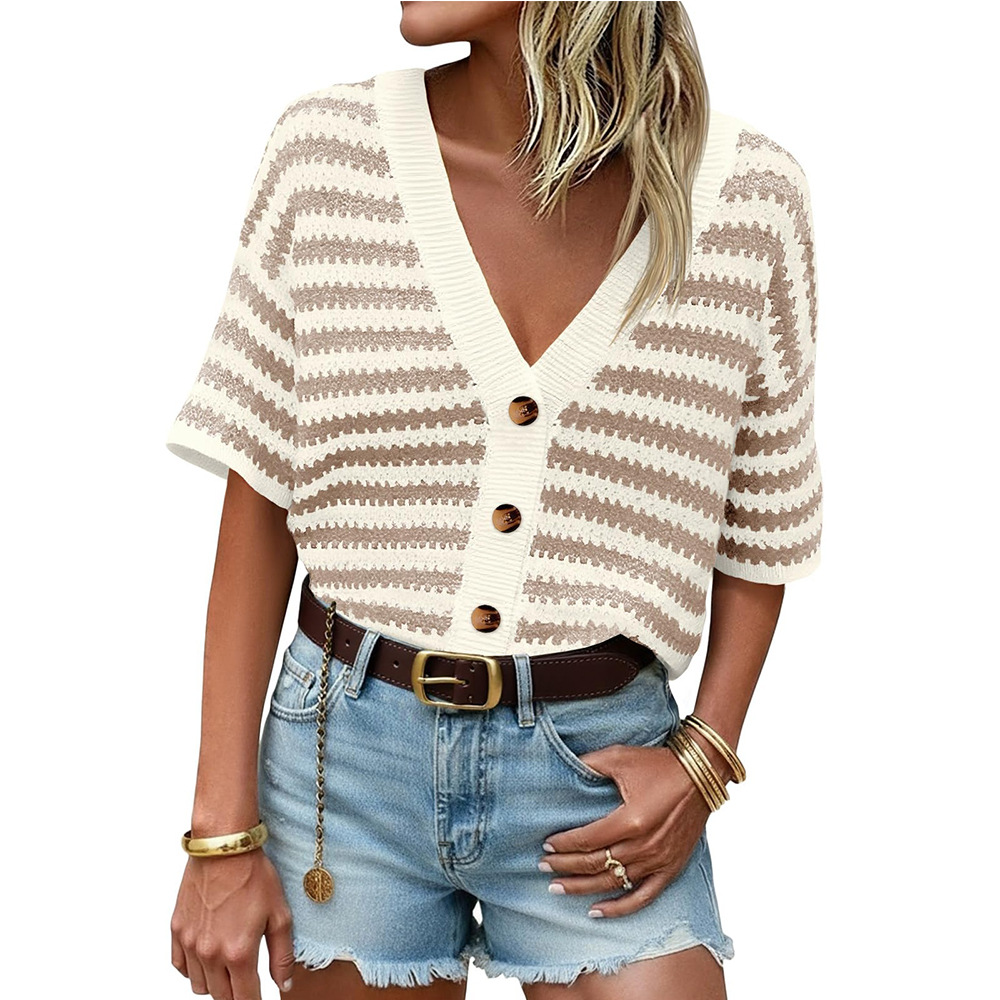 V-Neck Striped Knit Cardigan Short Sleeve Hollow-Out Casual Top
