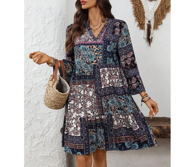 Boho V-Neck Midi Dress Floral Print Bell Sleeve A-Line