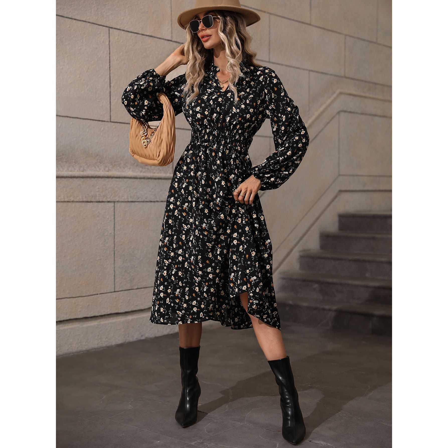 Women's V-Neck Long Sleeve Polka Dot Midi Dress High Waist Slimming