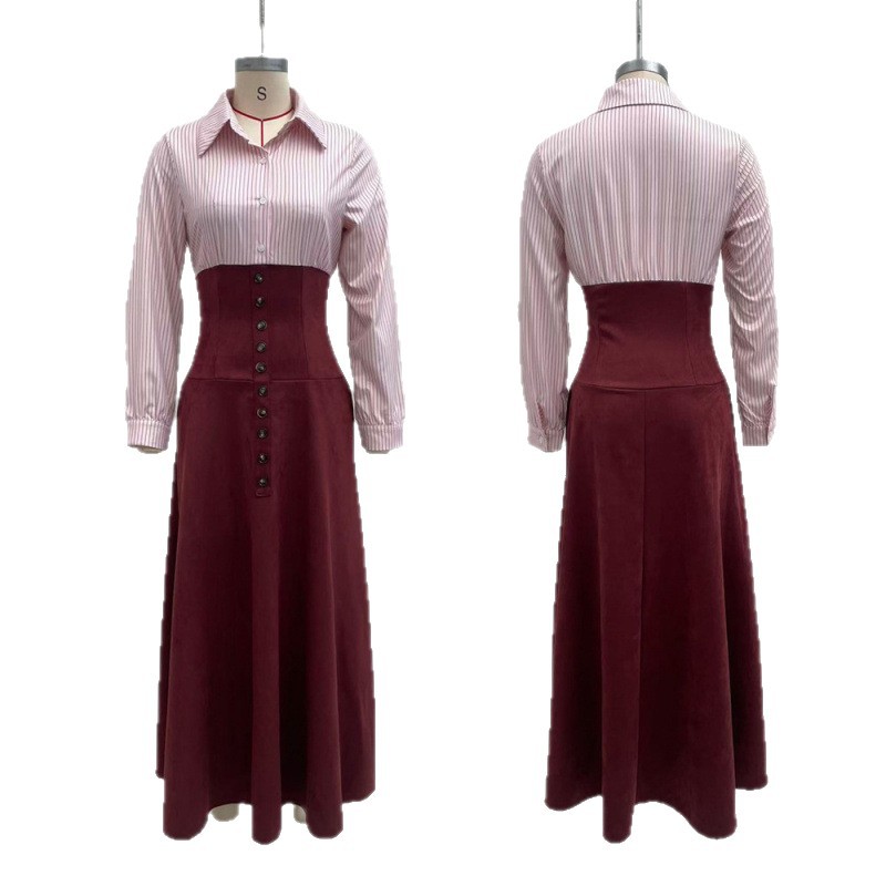 High-Waist Slimming Shirt-Collar A-Line Dress with Embroidered Spliced Flared Skirt