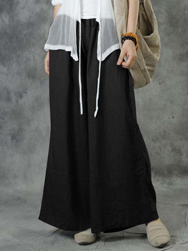 Cotton-Linen Wide-Leg Casual Pants for Women Solid Color Loose Fit