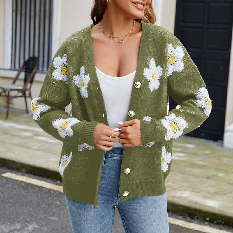 3D Floral V-Neck Knit Cardigan Sweater Coat