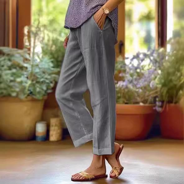 Women's Cotton-Linen Loose Straight-Leg Pants with Elastic Waist and Pockets