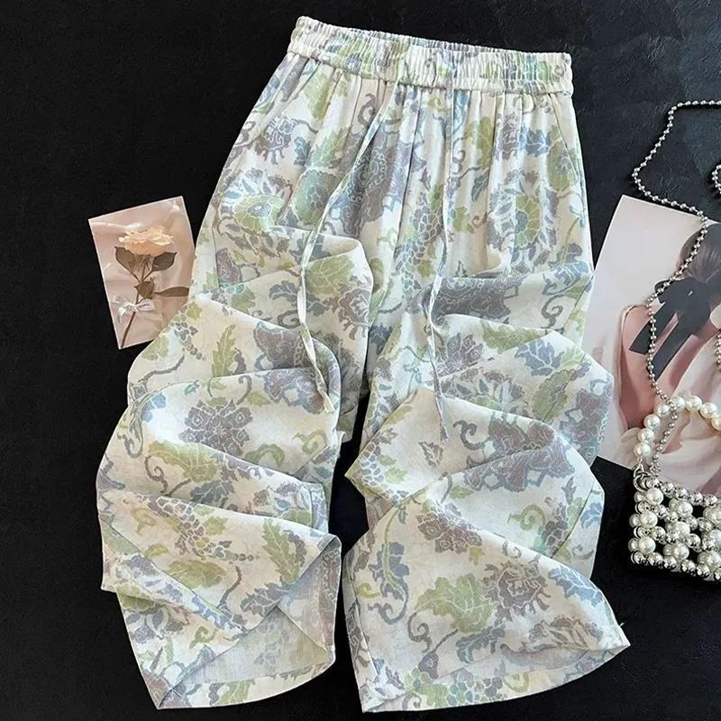 Printed Wide-Leg Pants for Women Lightweight High-Waist Straight-Leg Casual