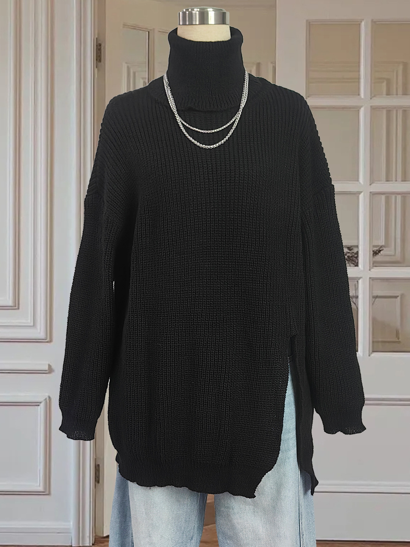 Women's High Neck Slit Tunic Sweater Plus Size Loose Pullover
