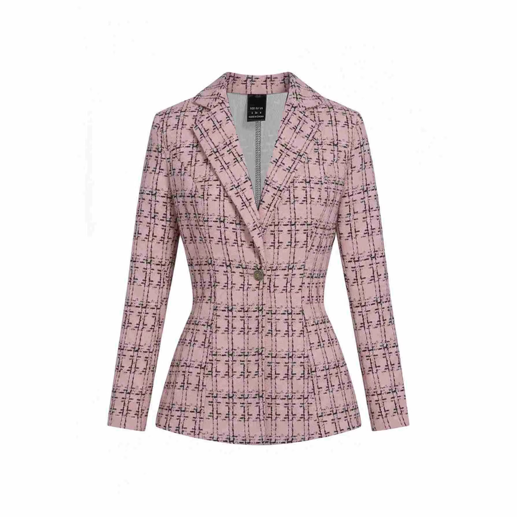 Women's Elegant Plaid Collared Long Sleeve Jacket and Pants Set