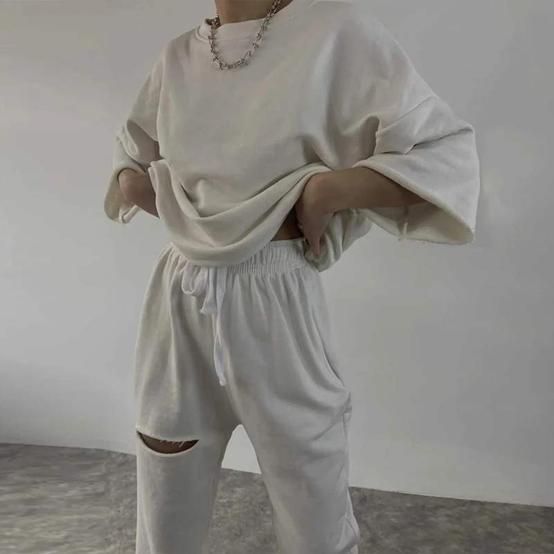 Women's Long Sleeve Crewneck Solid Top & Distressed Tie Pants Two-Piece Set