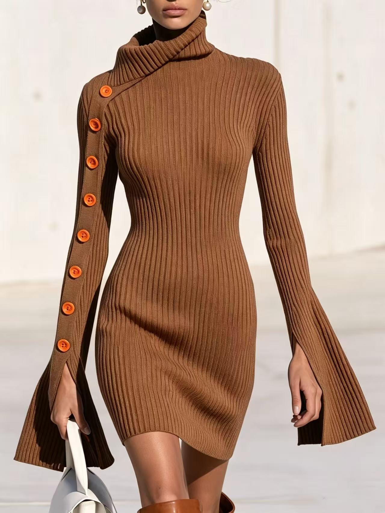 Slim-Fit Ribbed Button-Accent A-Line Dress