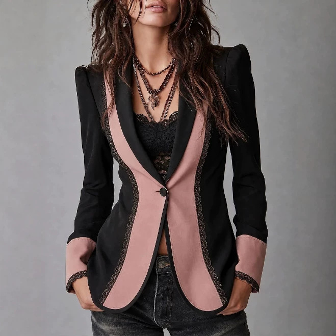 Retro Single-Button Color-Block Blazer with Lace Trim