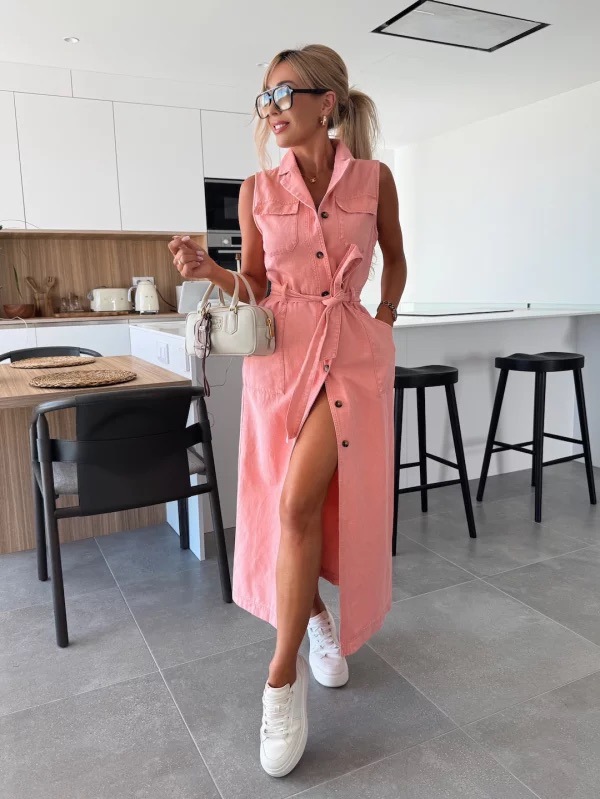 Sleeveless Long Belted Single-Breasted Denim Dress