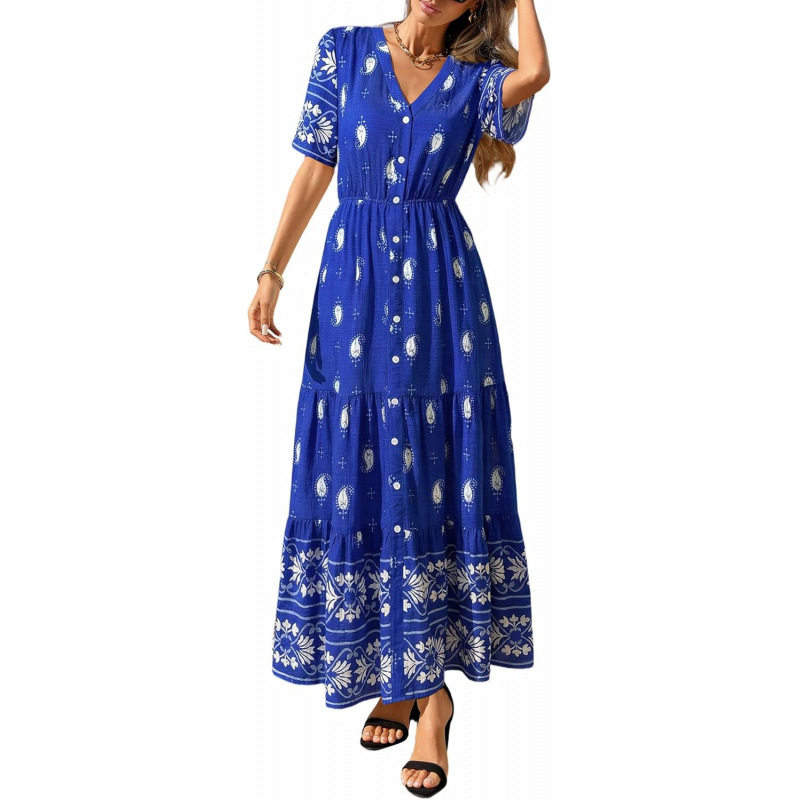 Bohemian V-Neck Short Sleeve Midi Dress Floral Print
