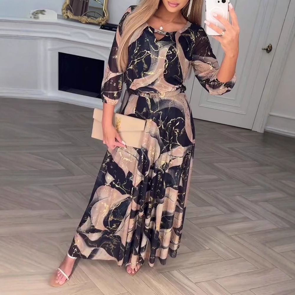 Elegant Floral Print Seven-Sleeve Waist-Cinched Dress