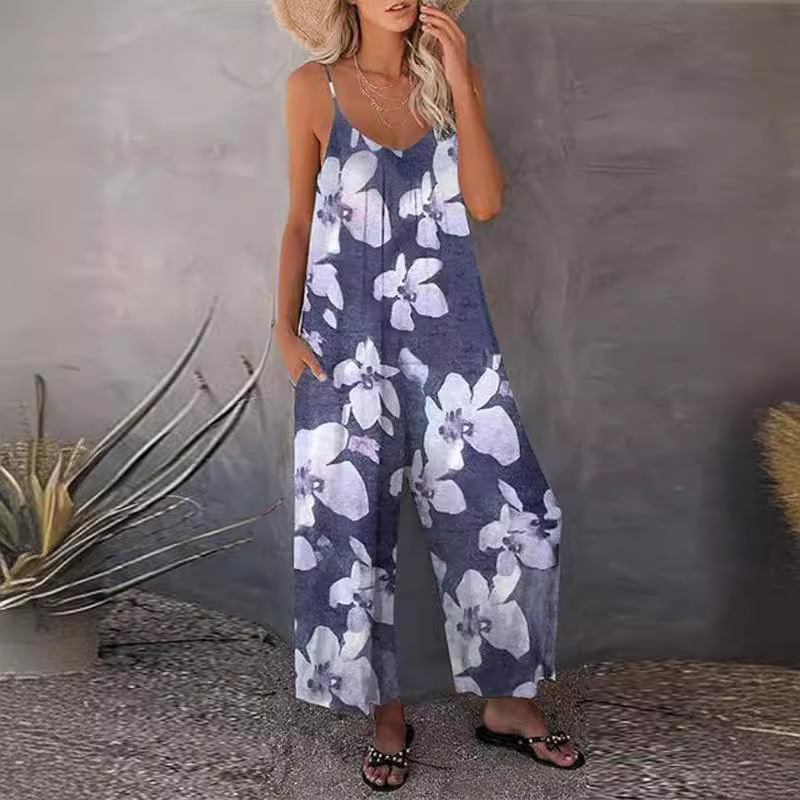 Women's Printed Sleeveless Wide-Leg Jumpsuit with Pockets