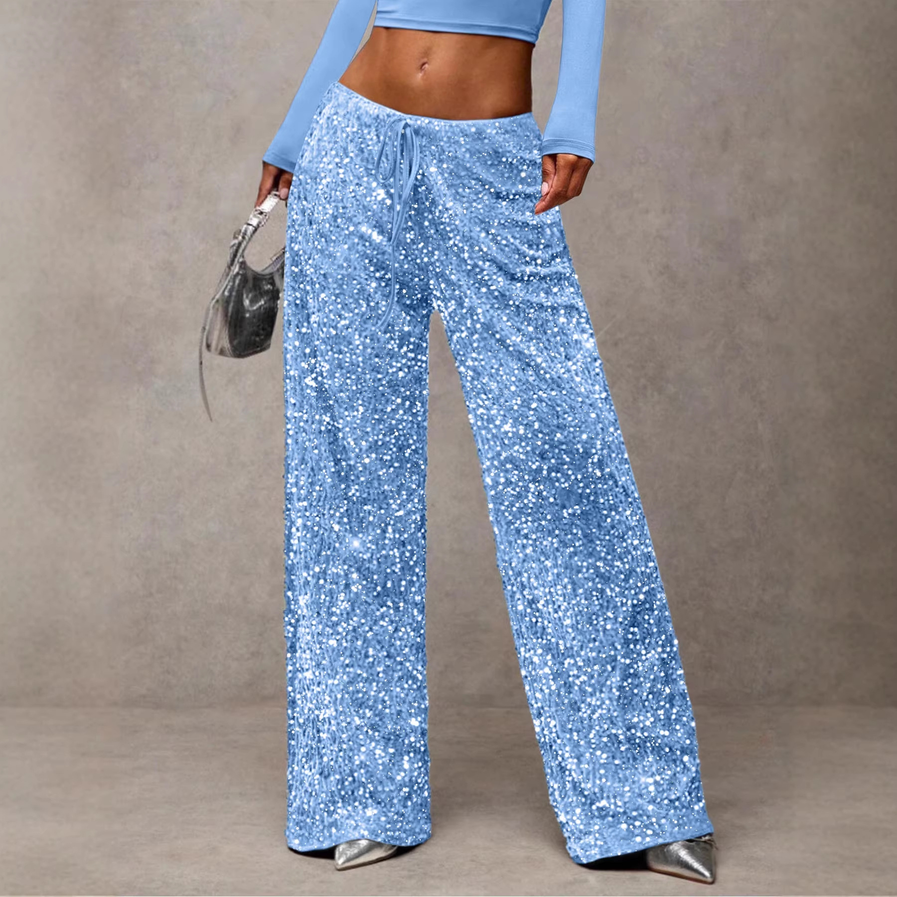 Sequin Drawstring Straight Leg Pants Stretch Slimming Women's
