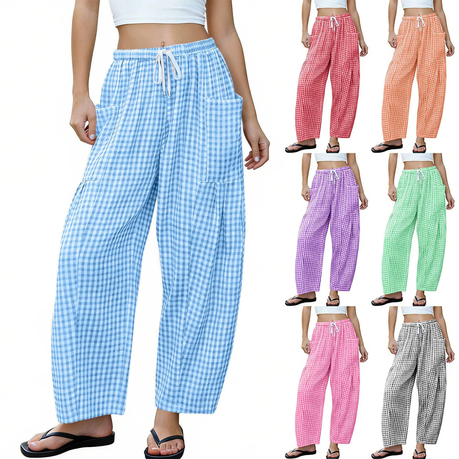 Plaid Wide-Leg Pants for Women High Waist Loose Drapey Floor-Length