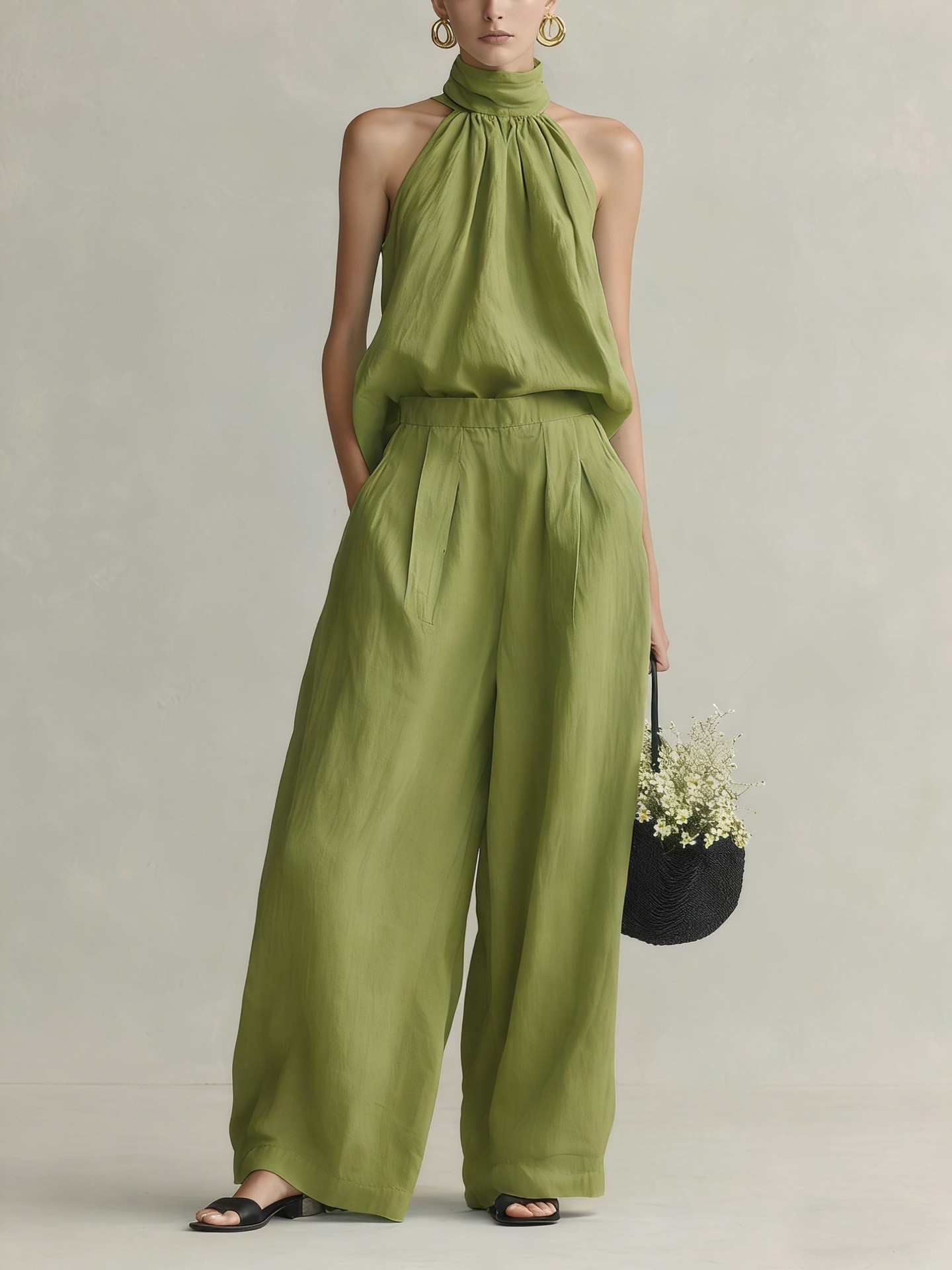 Women's Sleeveless Round Neck Top and Pants Set