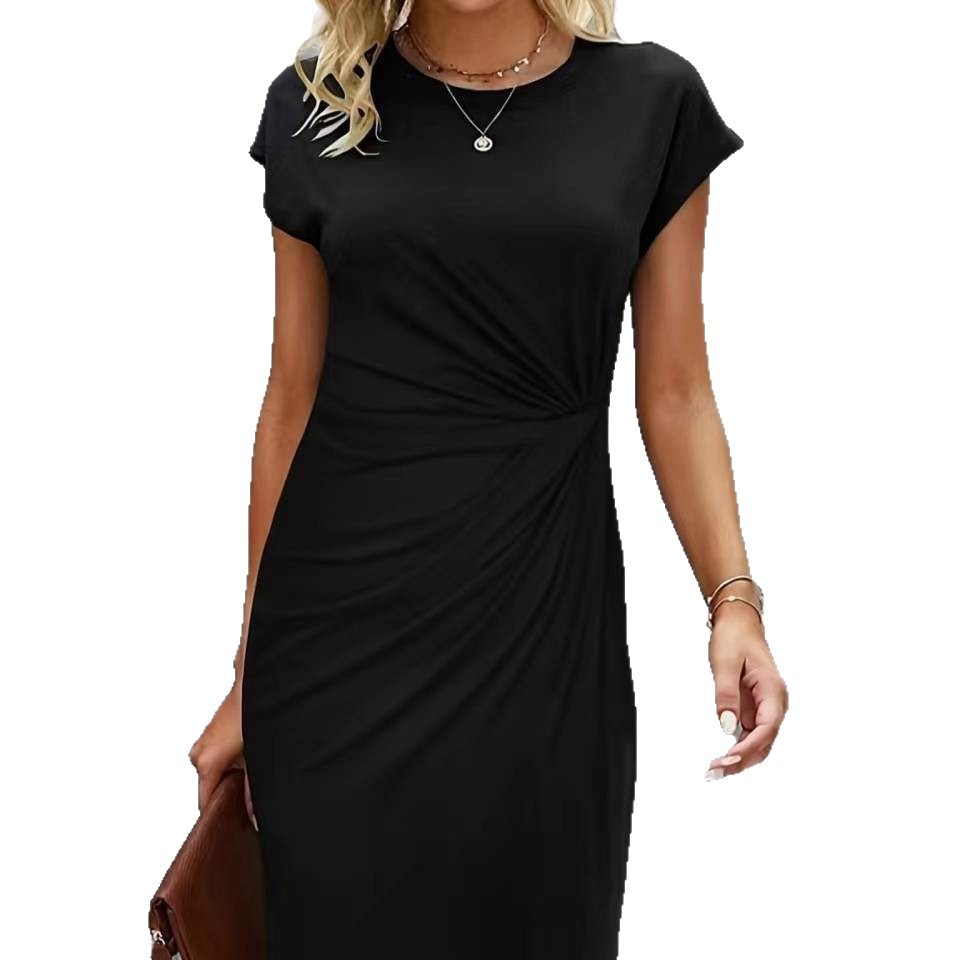 Women's Waist-Cinching Twist Knot Dress Round Neck Short Sleeve Midi Bodycon Commuter Dress
