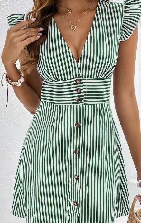 Striped Print V-Neck Flutter Sleeve A-Line Dress