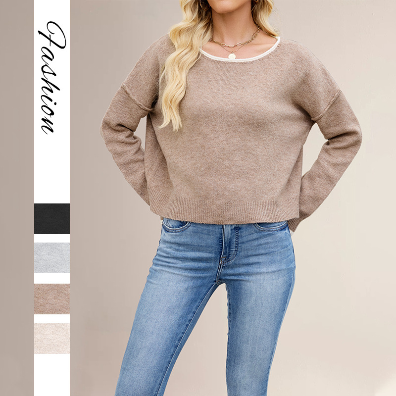 Women's Color-Block Crewneck Knit Sweater Loose Pullover