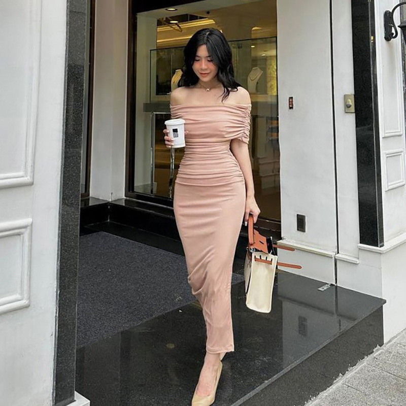 Off-Shoulder Ruched Slit Long Dress