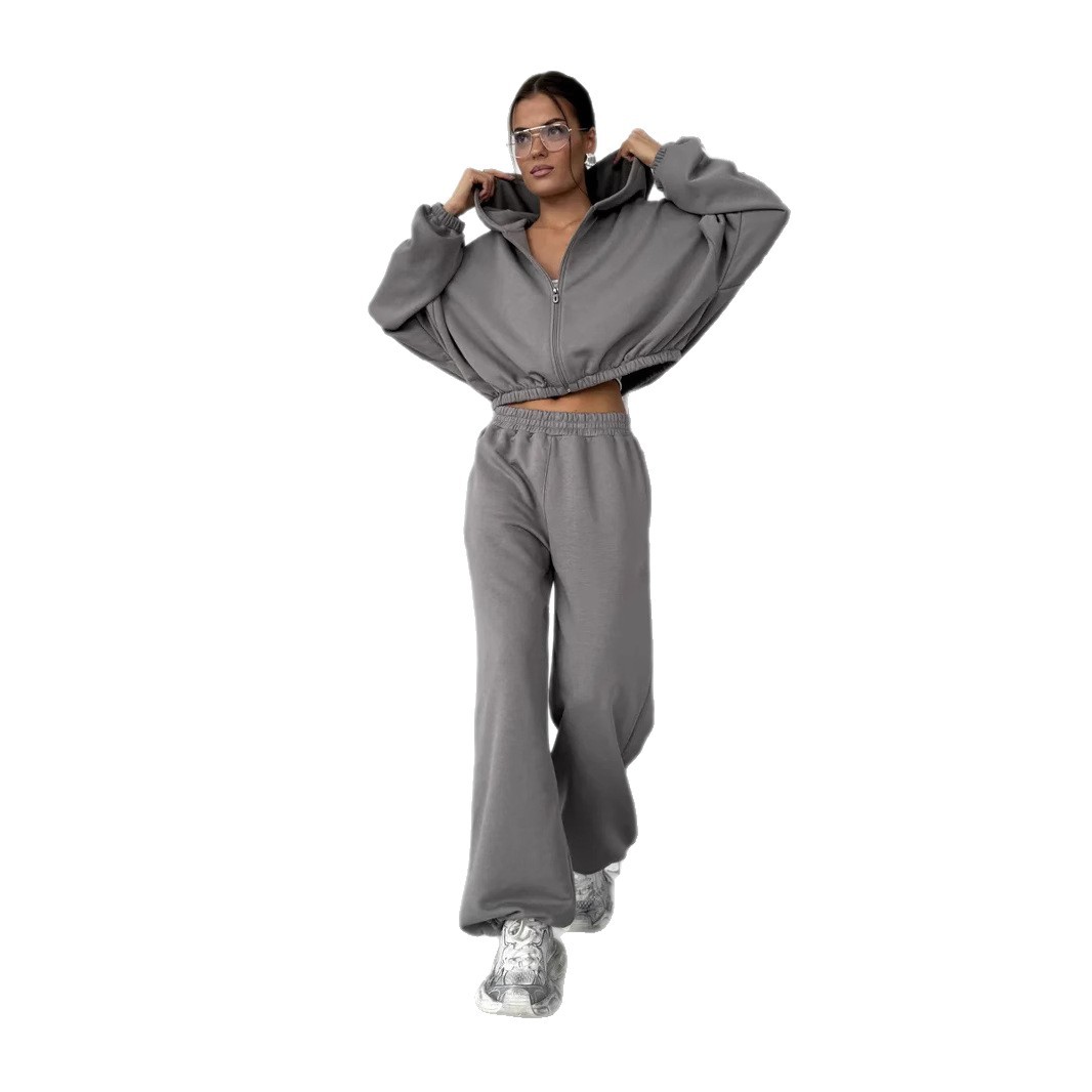 Women's Solid Color Zip-Up Hoodie and Jogger Pants 2-Piece Set