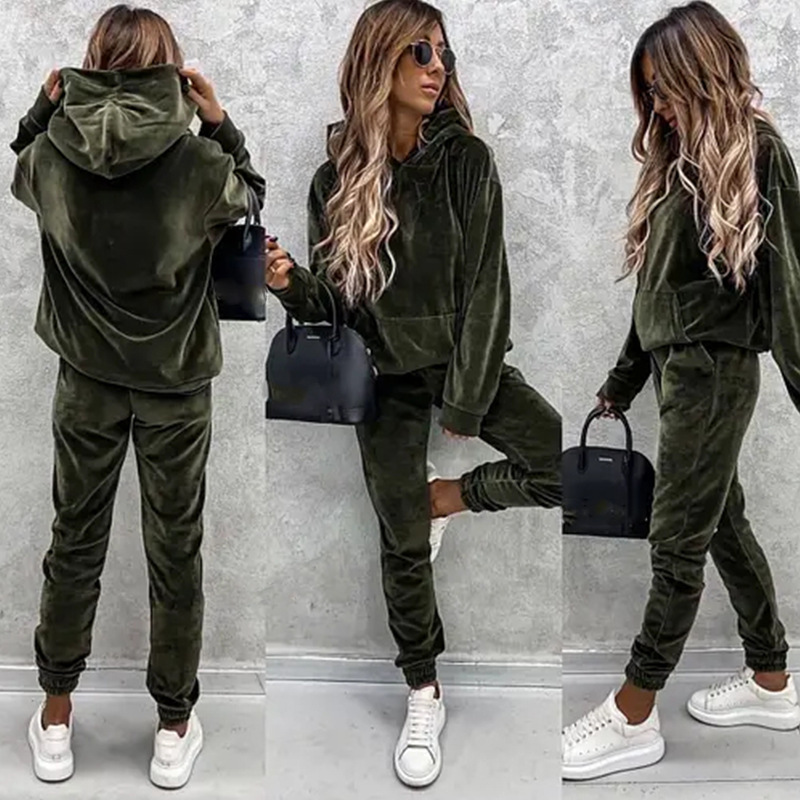 Women's Solid Color Hoodie and Pants Two-Piece Set