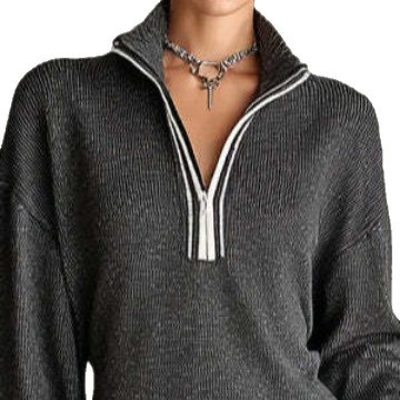 Color-Block Zip-Up Wool Knit Cardigan with Collar