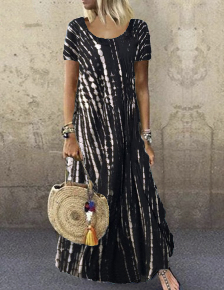 Tie-Dye Print Short Sleeve Round Neck Maxi Dress Plus Size Casual